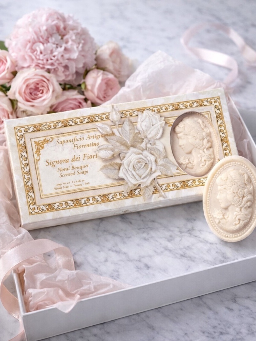 SAPONIFICIO ARTIGIANALE FIORENTINO Floral Soap Gift Set Italian Cameo Bath Trio